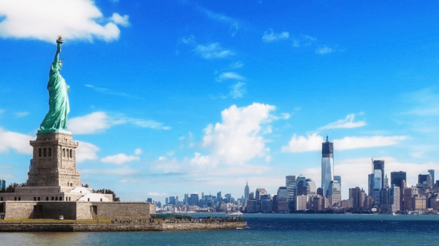 Statue of Liberty, a symbol of freedom and democracy, located on Liberty Island in New York.